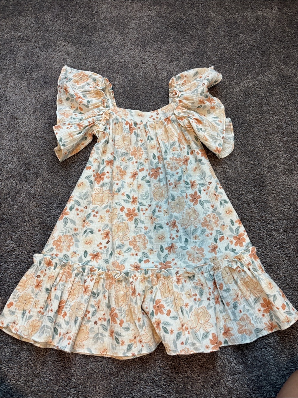 Girls Floral Puff-Sleeve Cotton Dress - Cream and Peach